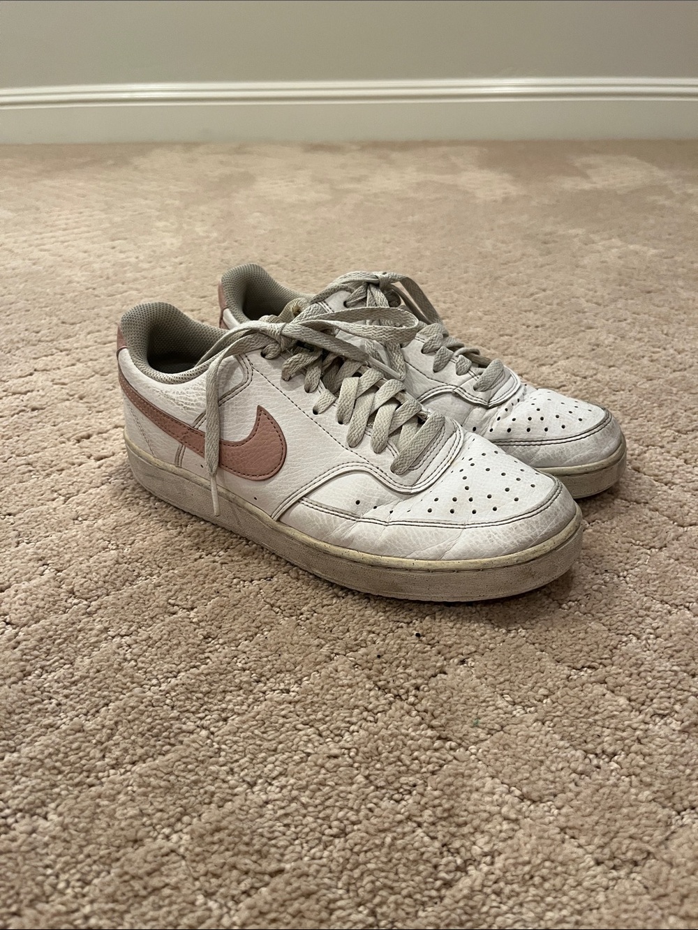 Nike White Low-Top Sneakers with Blush Swoosh